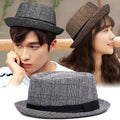 Men Plaid Jazz Hat Cotton Linen Sun Protection Black Gray