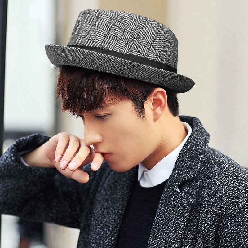 Men Plaid Jazz Hat Cotton Linen Sun Protection Black Gray