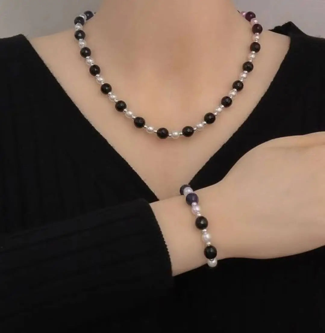 Beaded Silver Plated Pearl Necklace And Bracelet Set