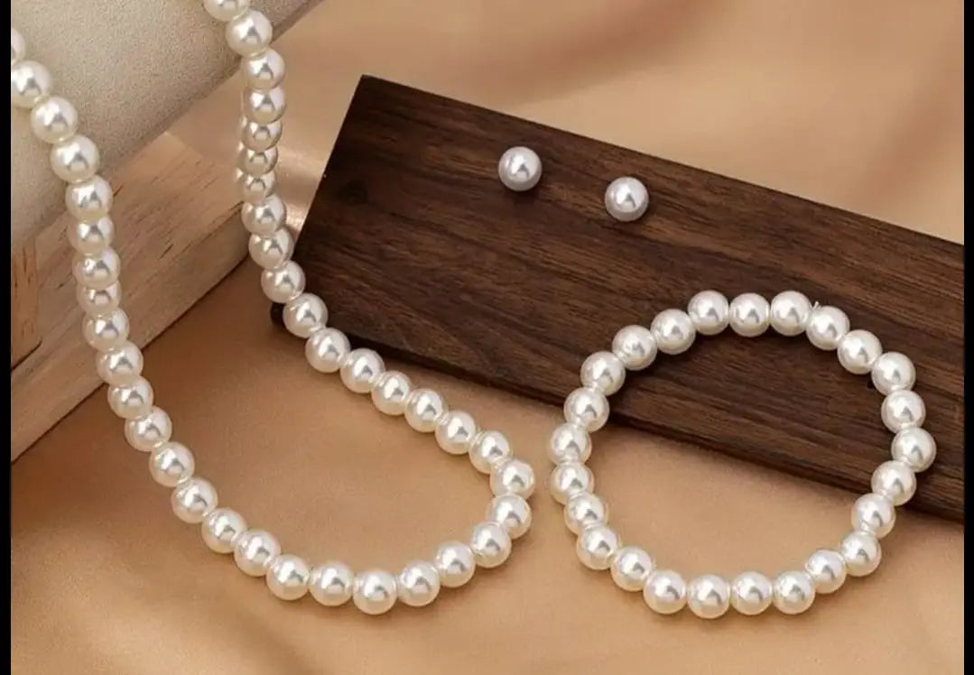 Beaded Silver Plated Pearl Necklace And Bracelet Set