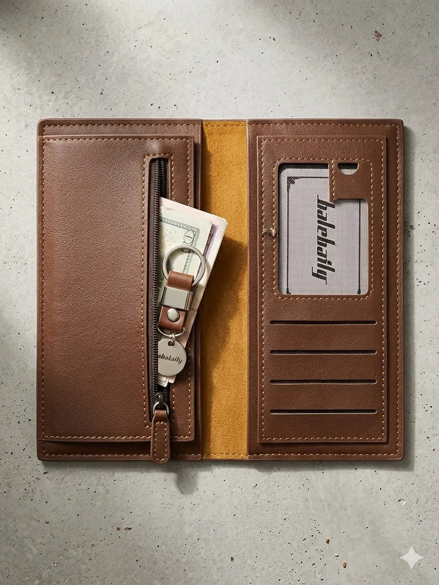 Men's Leather Wallet Men's Luxury Genuine Leather Long Trifold Wallet
