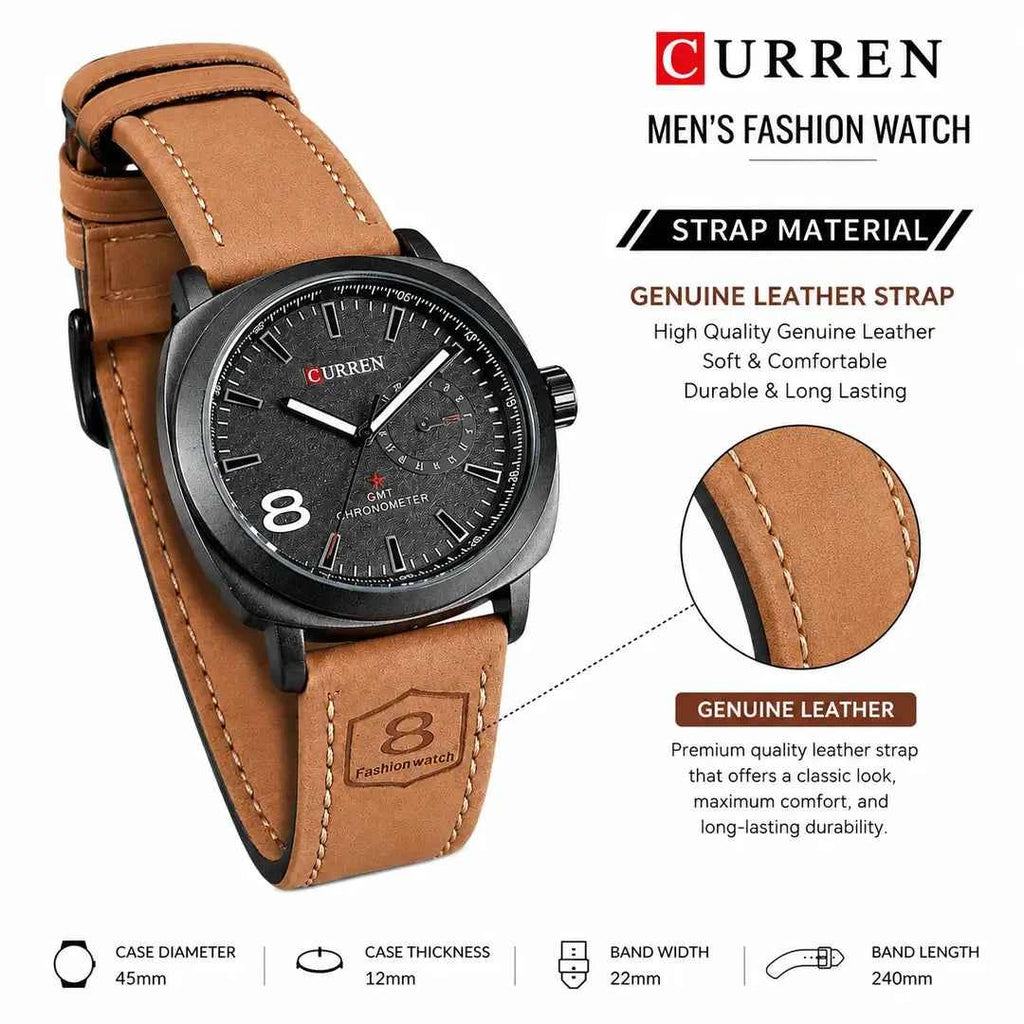 Curren Men's Leather Strap Quartz Watch – Luxury Analog Waterproof Fashion Wrist Watch for Men