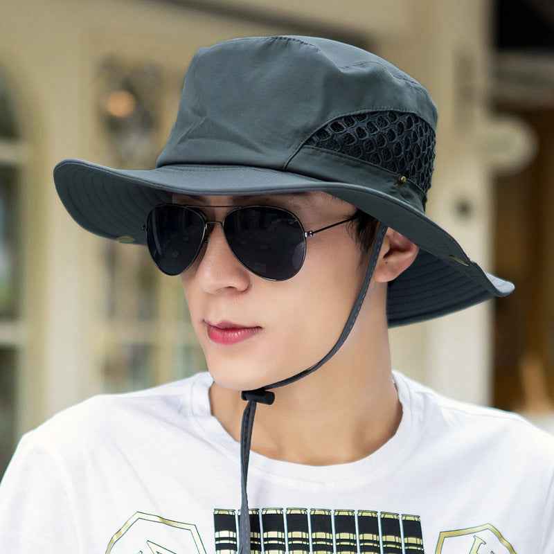 Men Sun Hat Beige Mesh Adjustable Chin Strap