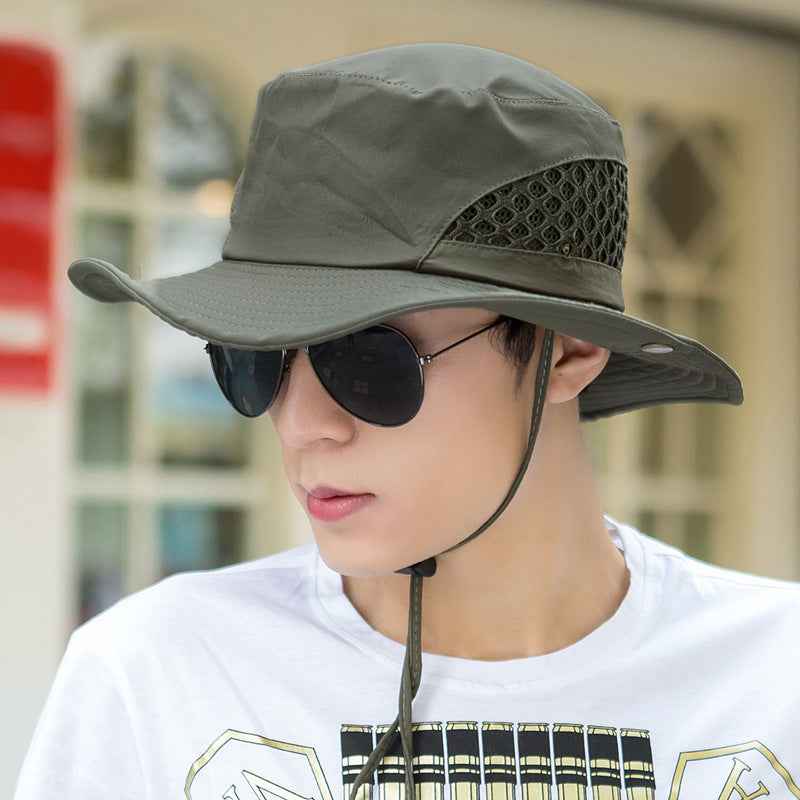 Men Sun Hat Beige Mesh Adjustable Chin Strap