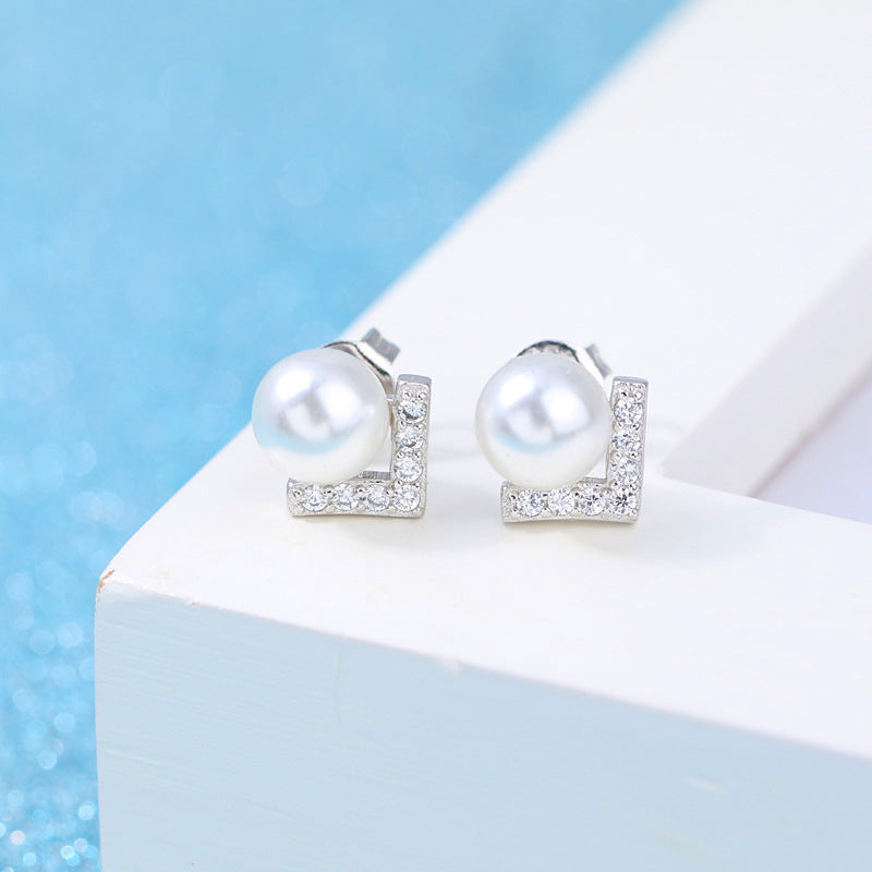 V-Shape Pearl Earrings Silver Plated for Women