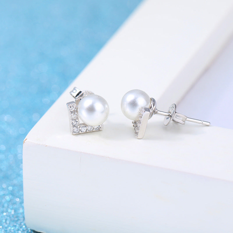 V-Shape Pearl Earrings Silver Plated for Women