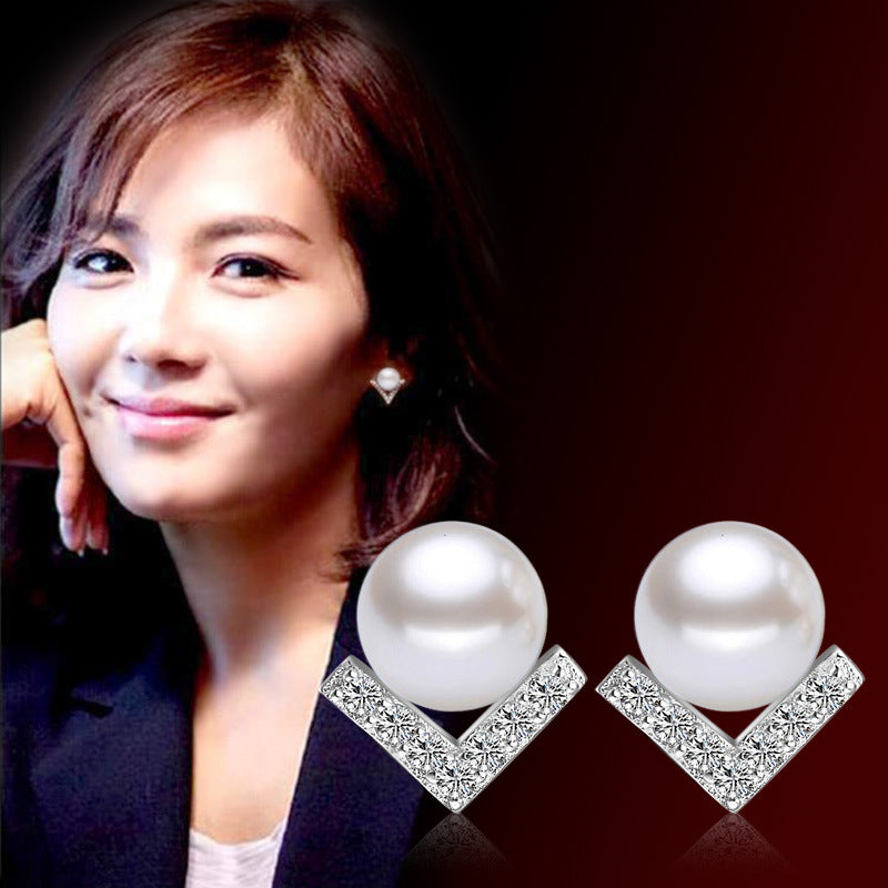 V-Shape Pearl Earrings Silver Plated for Women