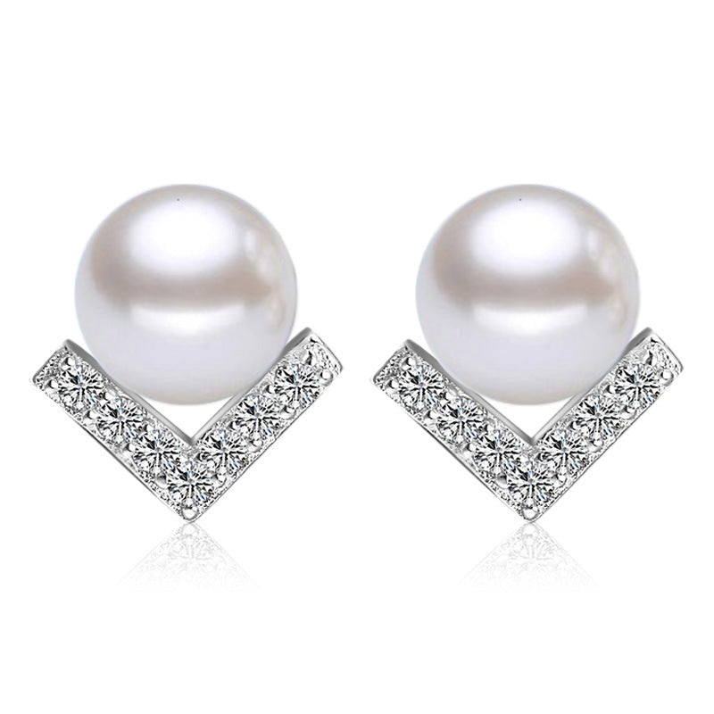 V-Shape Pearl Earrings Silver Plated for Women
