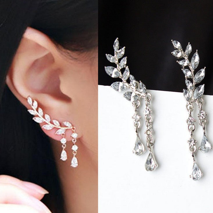 Leaf Crystal Earrings Gold Tone Pakistani Women