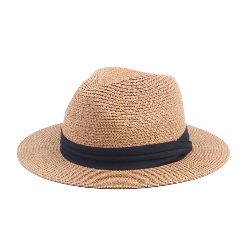 Men Straw Hat with Black Ribbon, Lightweight & Collapsible, Wide Brim, UV Protection