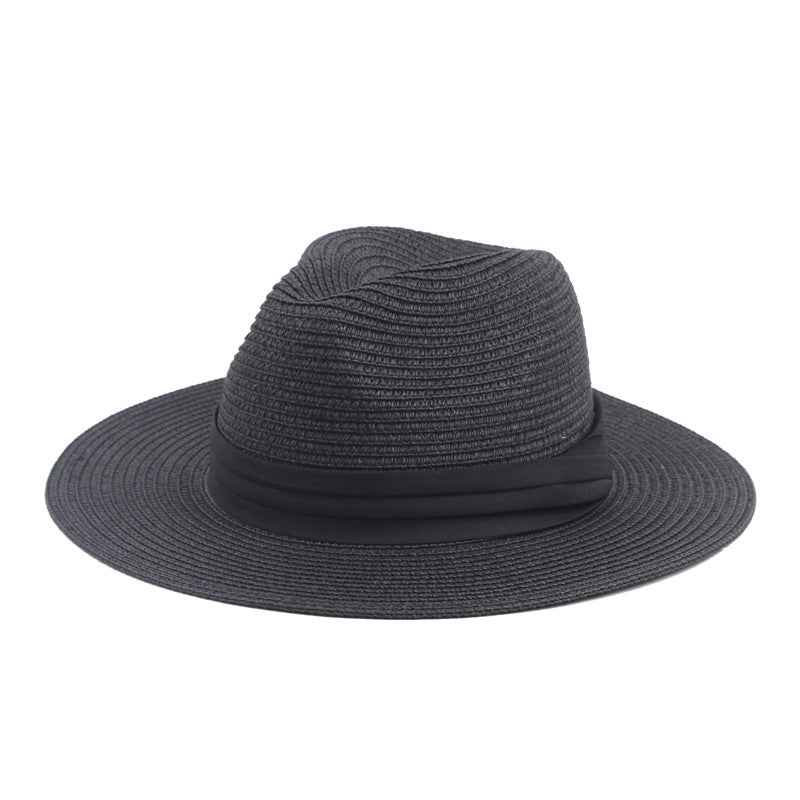 Men Straw Hat with Black Ribbon, Lightweight & Collapsible, Wide Brim, UV Protection