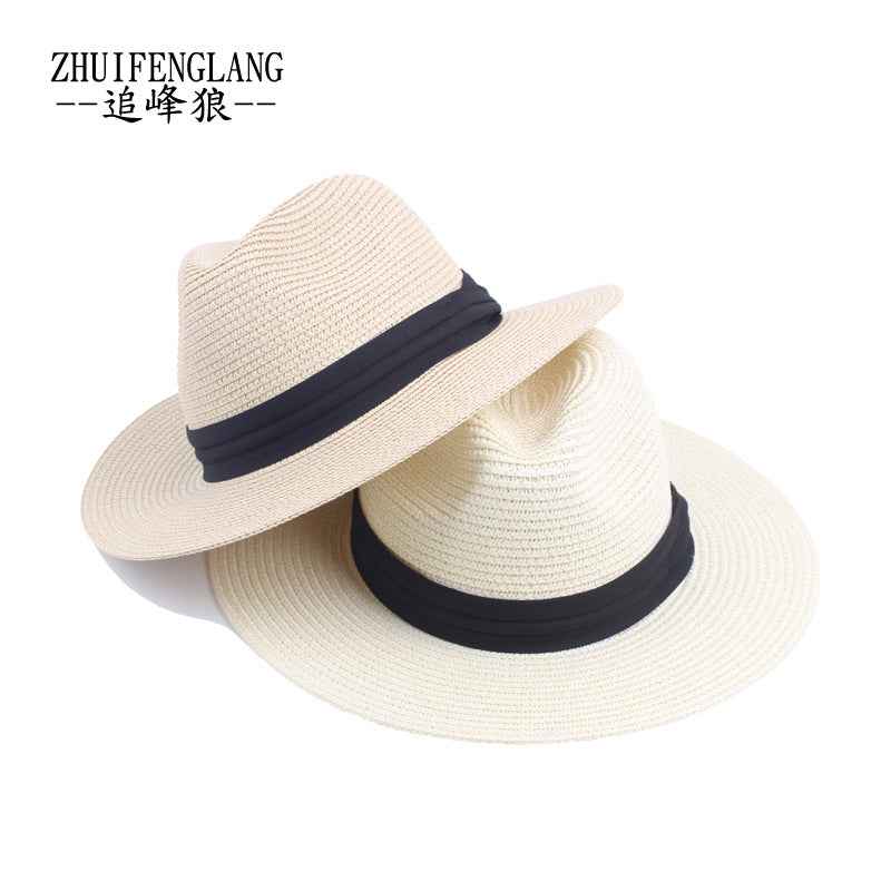 Men Straw Hat with Black Ribbon, Lightweight & Collapsible, Wide Brim, UV Protection
