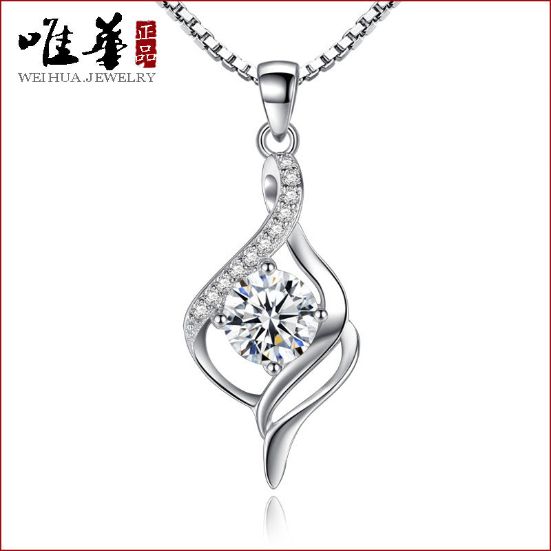 Women Elegant Diamond Pendant Necklace Silver Swirl Design Daily Wear Jewelry