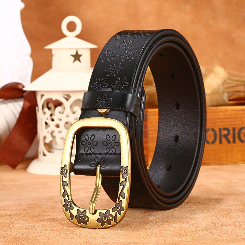 Women Retro Flower Print Wide Cowhide Belt