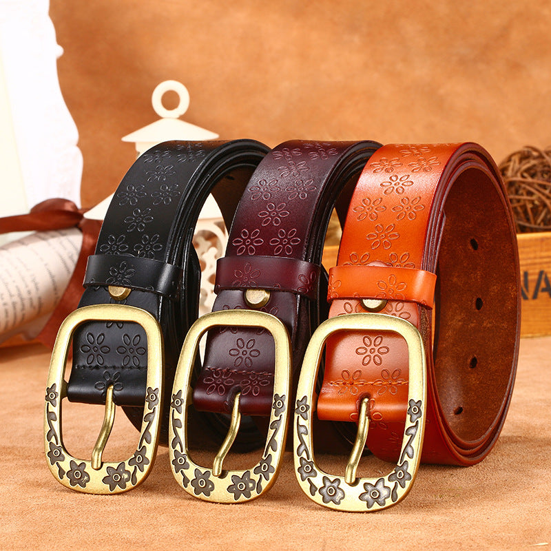 Women Retro Flower Print Wide Cowhide Belt