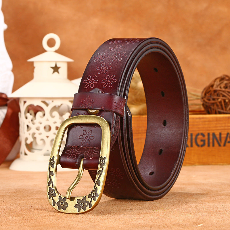 Women Retro Flower Print Wide Cowhide Belt