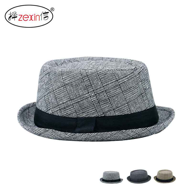 Men Plaid Jazz Hat Cotton Linen Sun Protection Black Gray