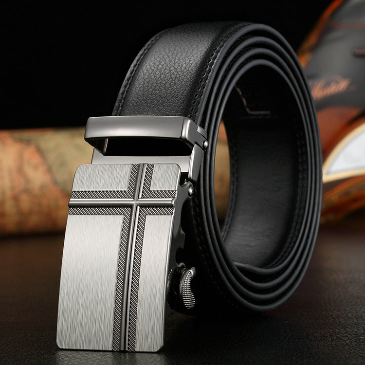 Men Black Leather Automatic Buckle Belt Business Style