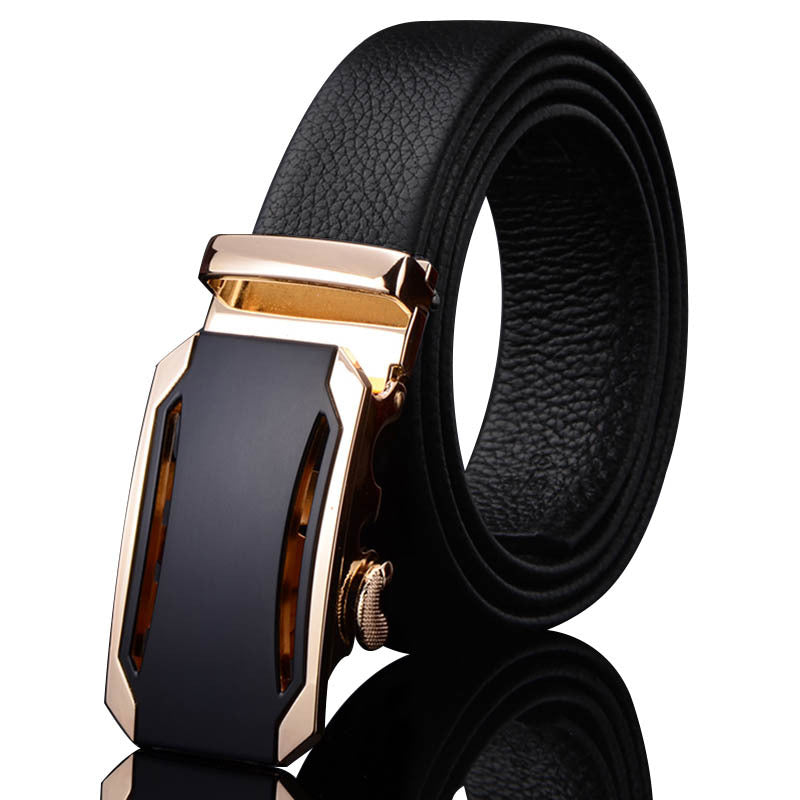 Men Black Leather Automatic Buckle Belt
