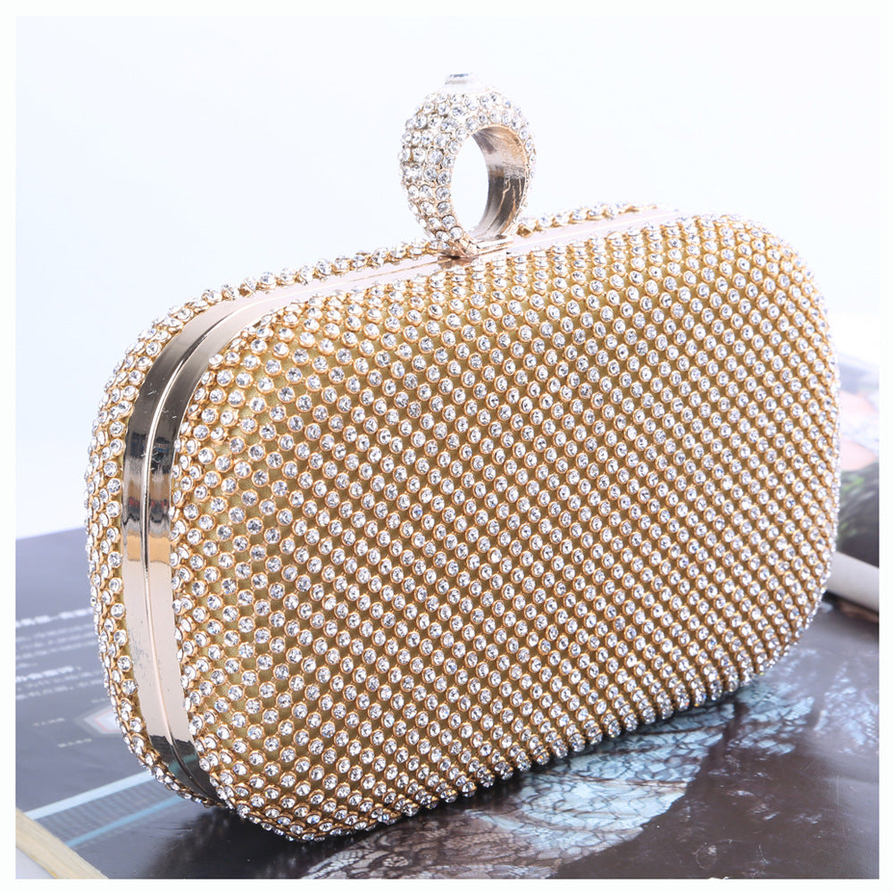 Gold Rhinestone Clutch Bag with Ring Handle
