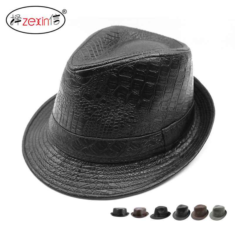 Black Croc PU Leather Men's Hat with Adjustable Strap