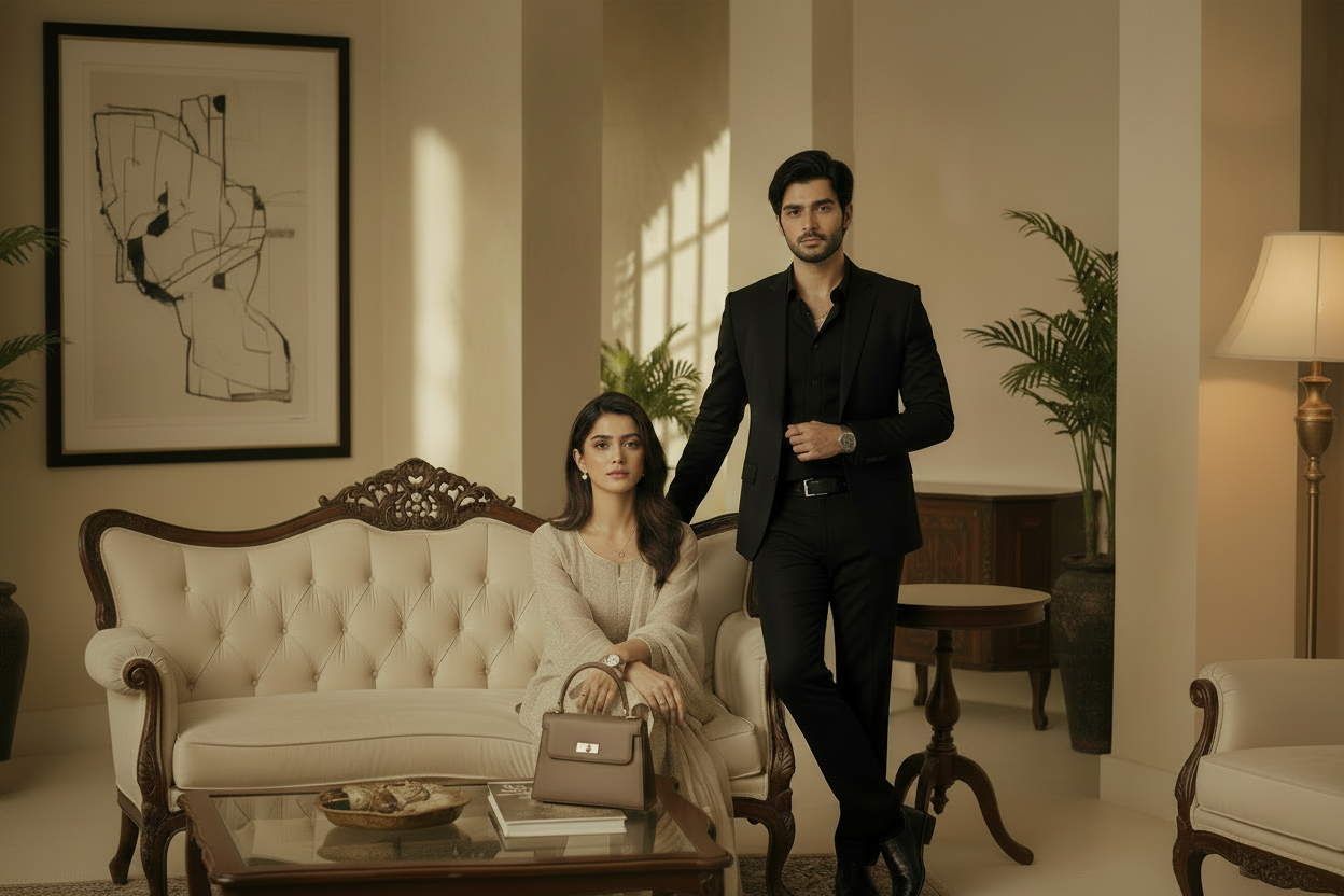 A man in a black suit and a woman in a beige embroidered top wearing delicate jewelry, including a necklace, bracelet, and earrings, posed in a warm, softly lit indoor setting. 