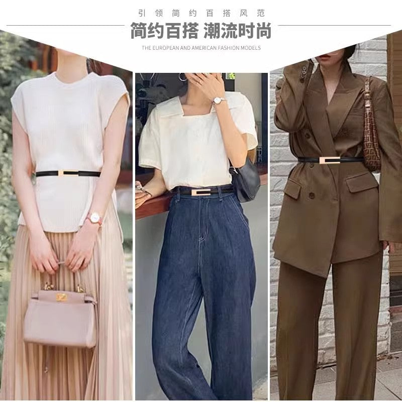 Women's Genuine Leather Belt Black Brown Thin Retro Casual Waist Belt