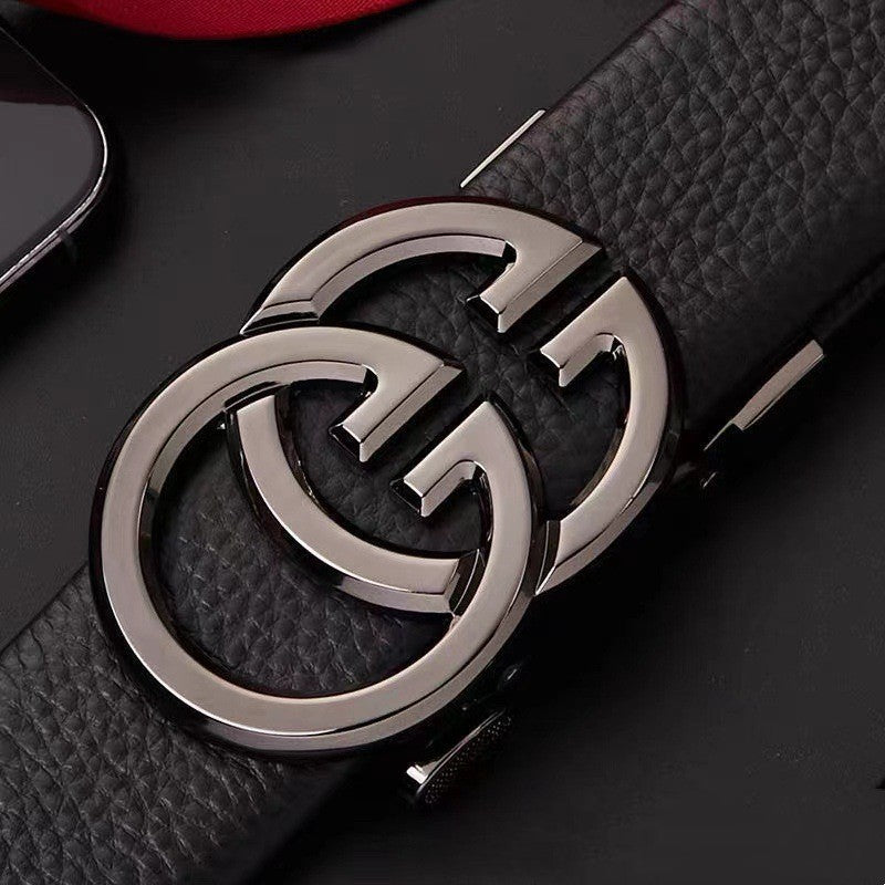 Men Leather Belt Automatic Buckle Black Gun Metal G Logo