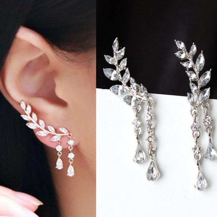 Leaf Crystal Earrings Gold Tone Pakistani Women