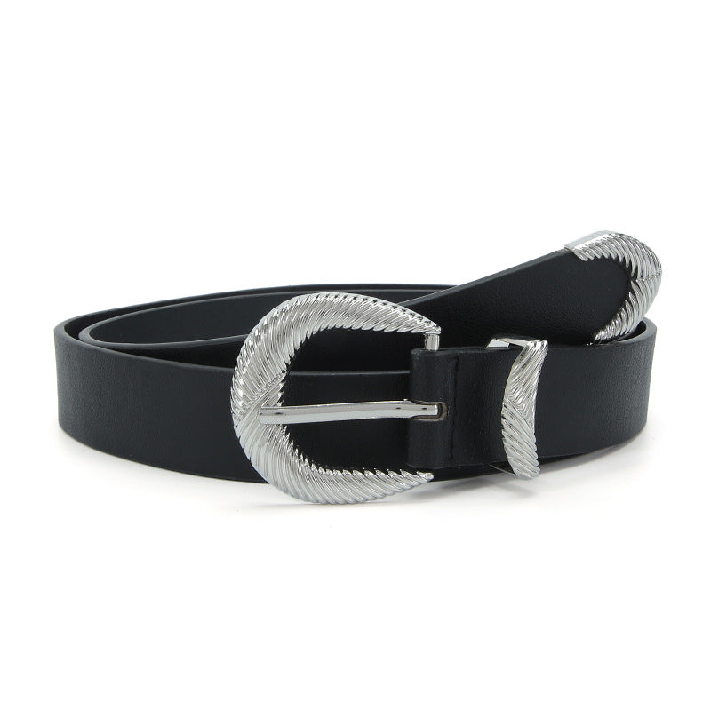 Black Women's Belt with Silver Thread Buckle
