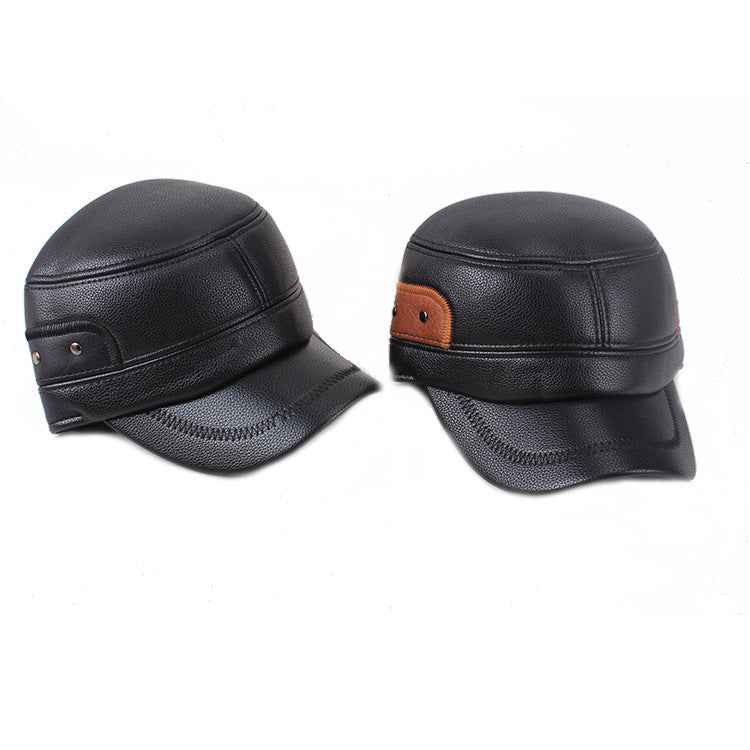 Men's Black Leather Cap with Ear Protection Winter Warm