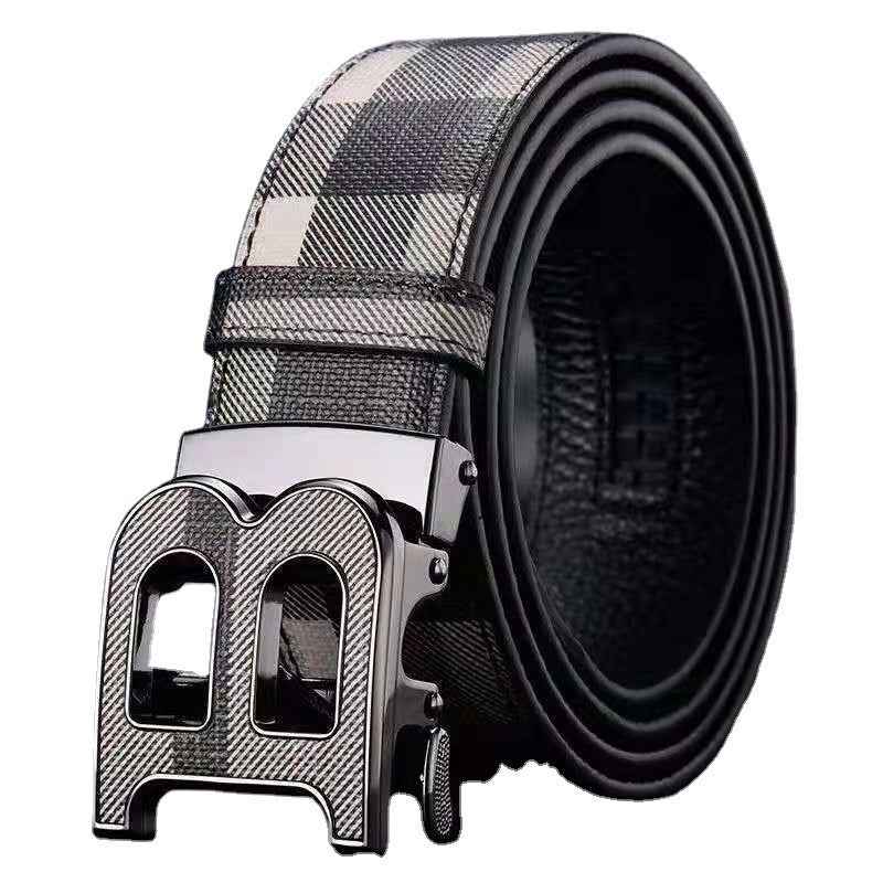 Men Genuine Leather Plaid Belt Gold Buckle Business Formal