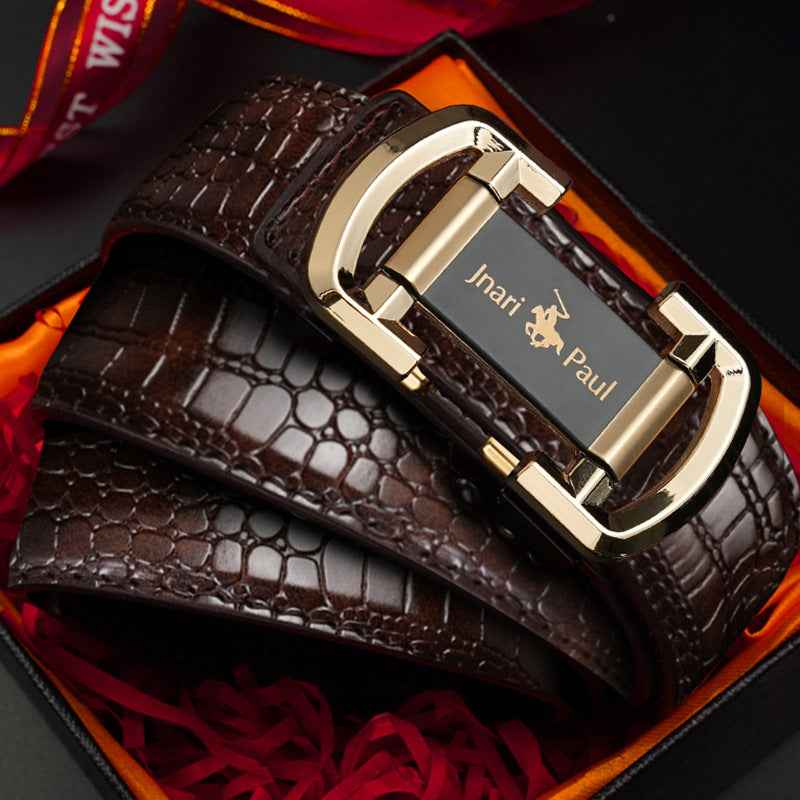 Men Retro Leather Belt with Gold Automatic Buckle Brown Black