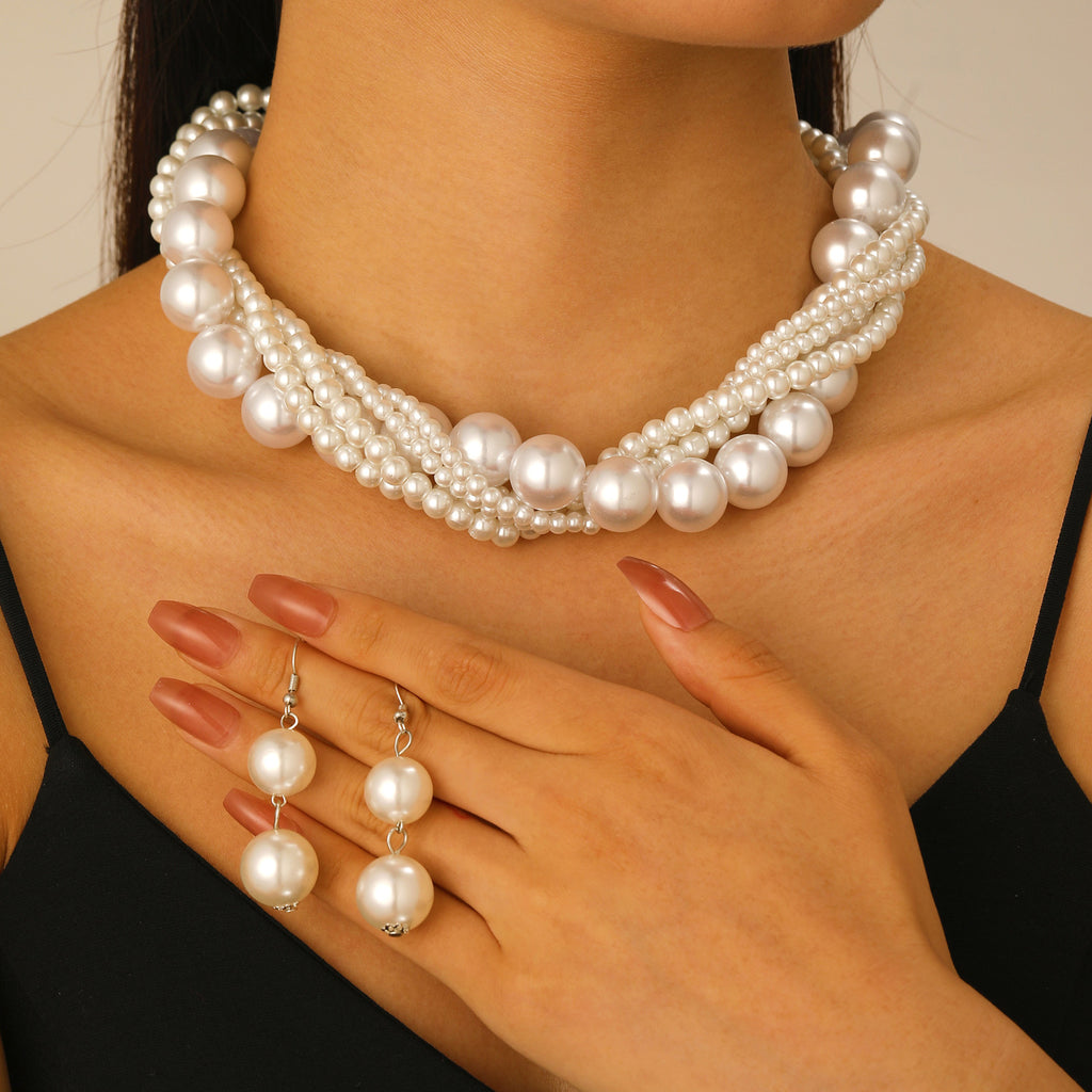 White Pearl Necklace Bracelet Earrings Set for Women