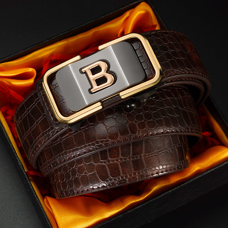 Men's Automatic Buckle Leather Belt Brown Gold
