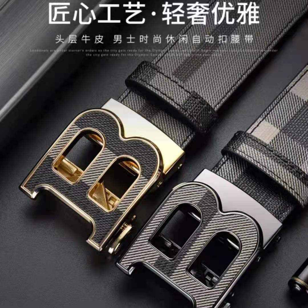 Men Genuine Leather Plaid Belt Gold Buckle Business Formal