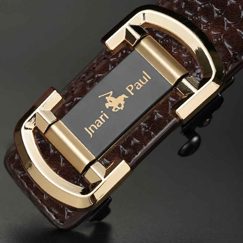 Men Retro Leather Belt with Gold Automatic Buckle Brown Black