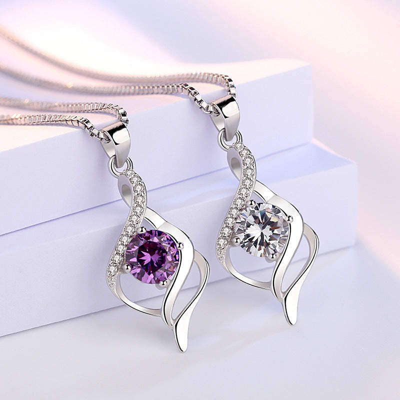 Women Elegant Diamond Pendant Necklace Silver Swirl Design Daily Wear Jewelry