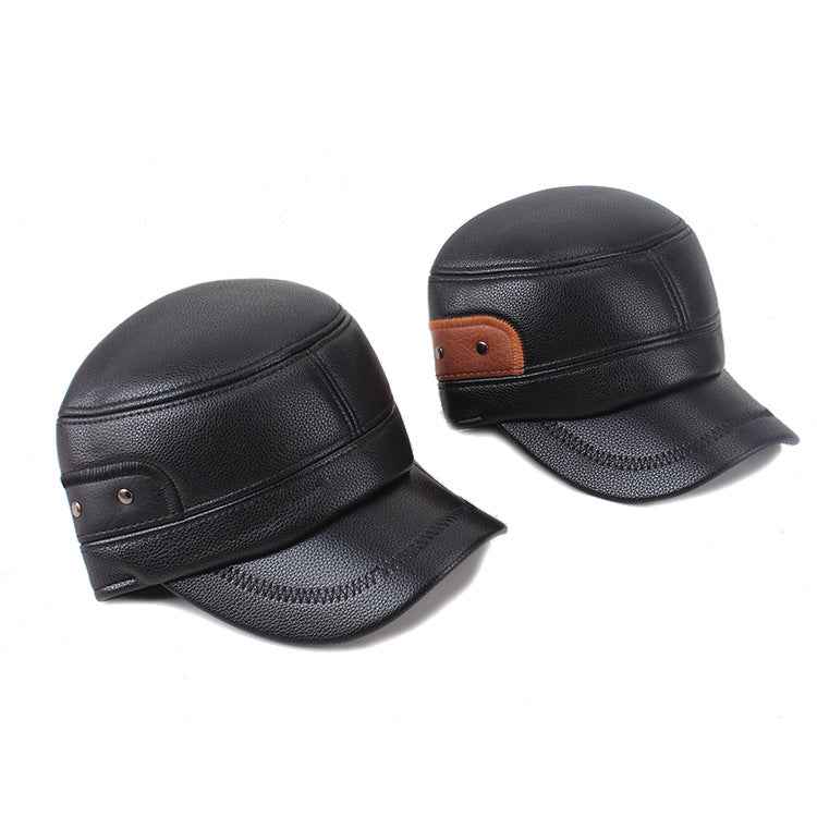 Men's Black Leather Cap with Ear Protection Winter Warm