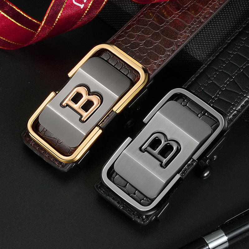 Men's Automatic Buckle Leather Belt Brown Gold