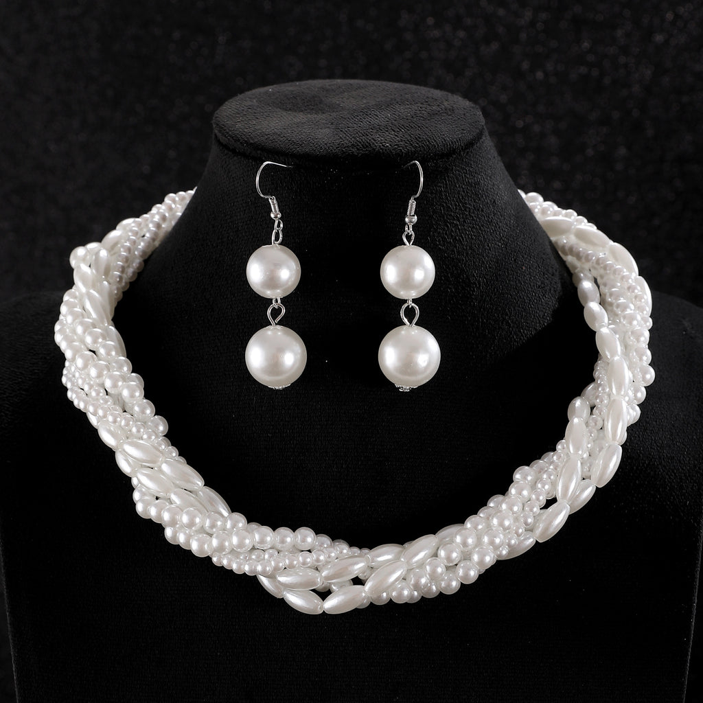 White Pearl Necklace Bracelet Earrings Set for Women