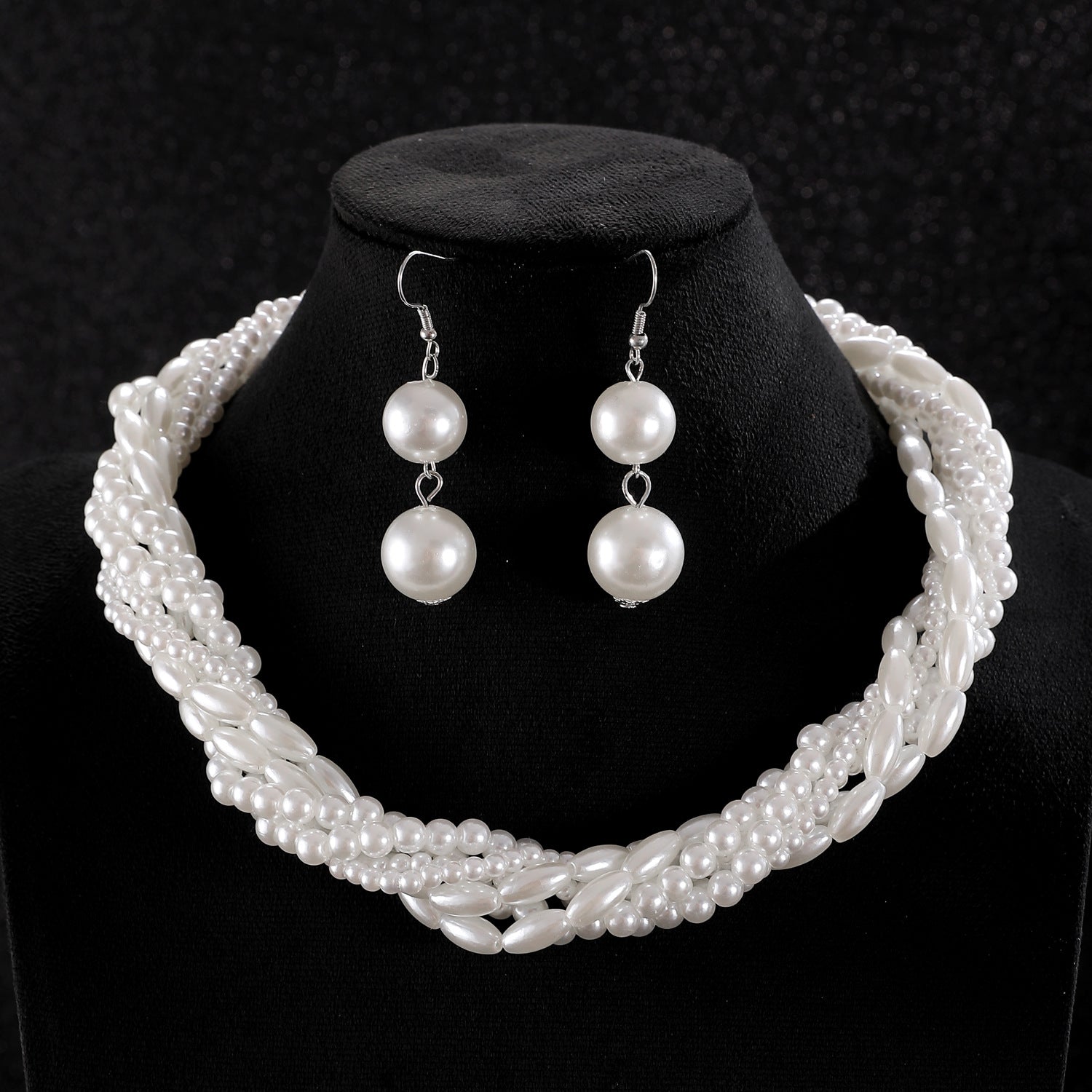 White Pearl Necklace Bracelet Earrings Set for Women