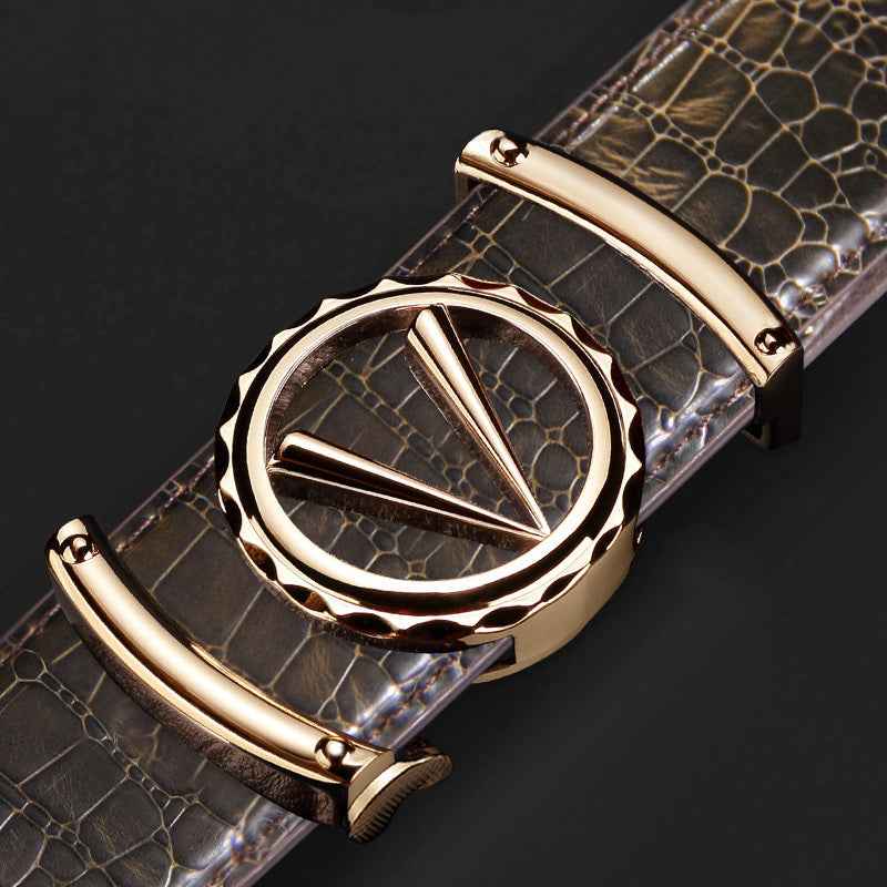 Men Crocodile Leather Belt Curry Gold Buckle Casual