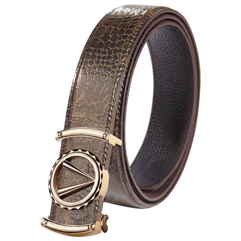 Men Crocodile Leather Belt Curry Gold Buckle Casual
