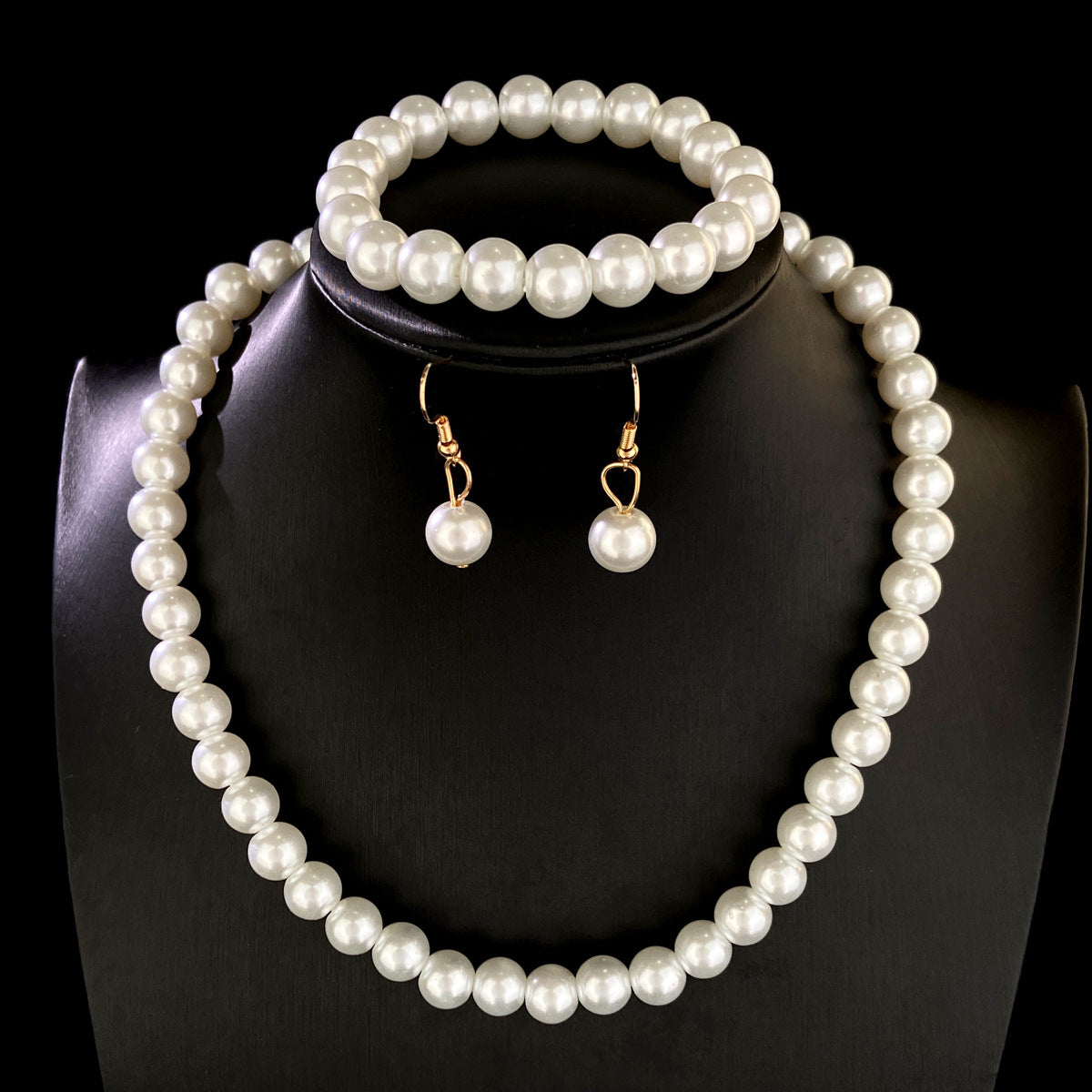 White Pearl Necklace Bracelet Earrings Set for Women