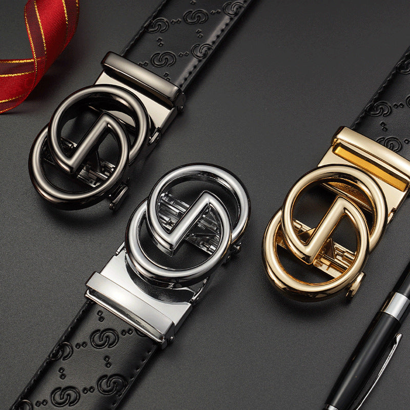 Men Black Leather Belt with Gold Automatic Buckle