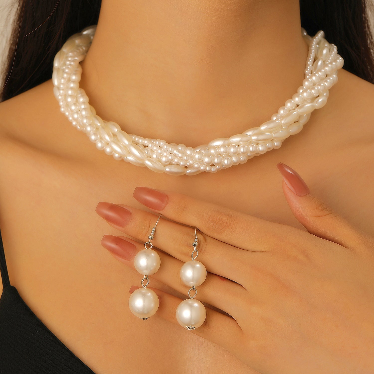 White Pearl Necklace Bracelet Earrings Set for Women