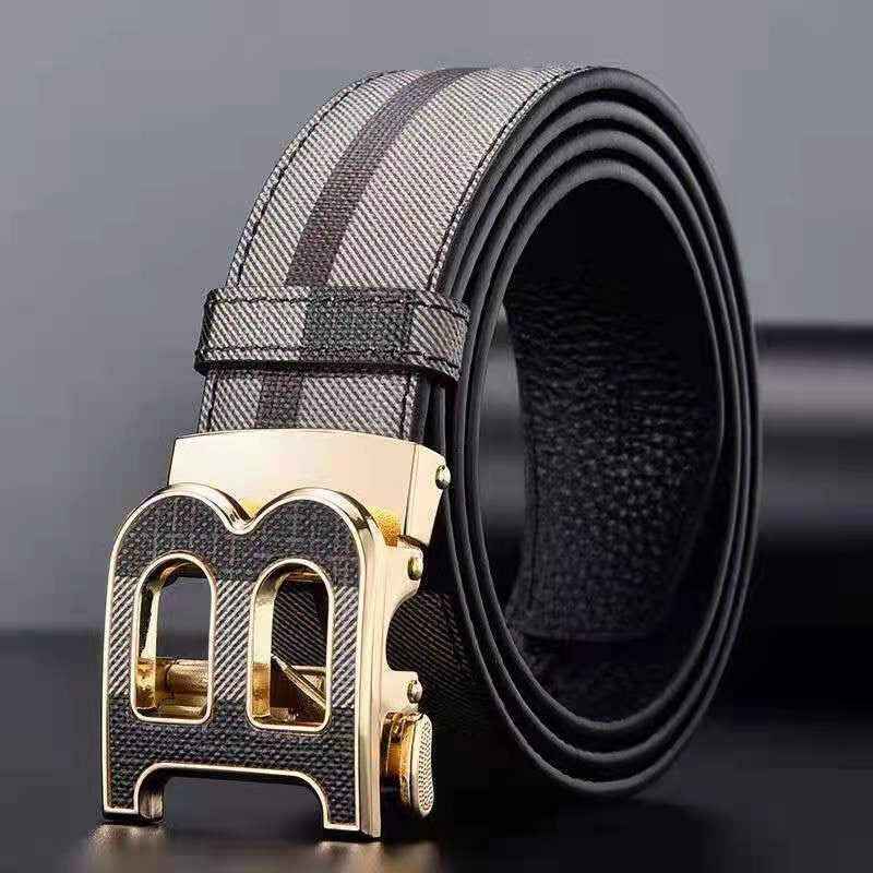Men Genuine Leather Plaid Belt Gold Buckle Business Formal