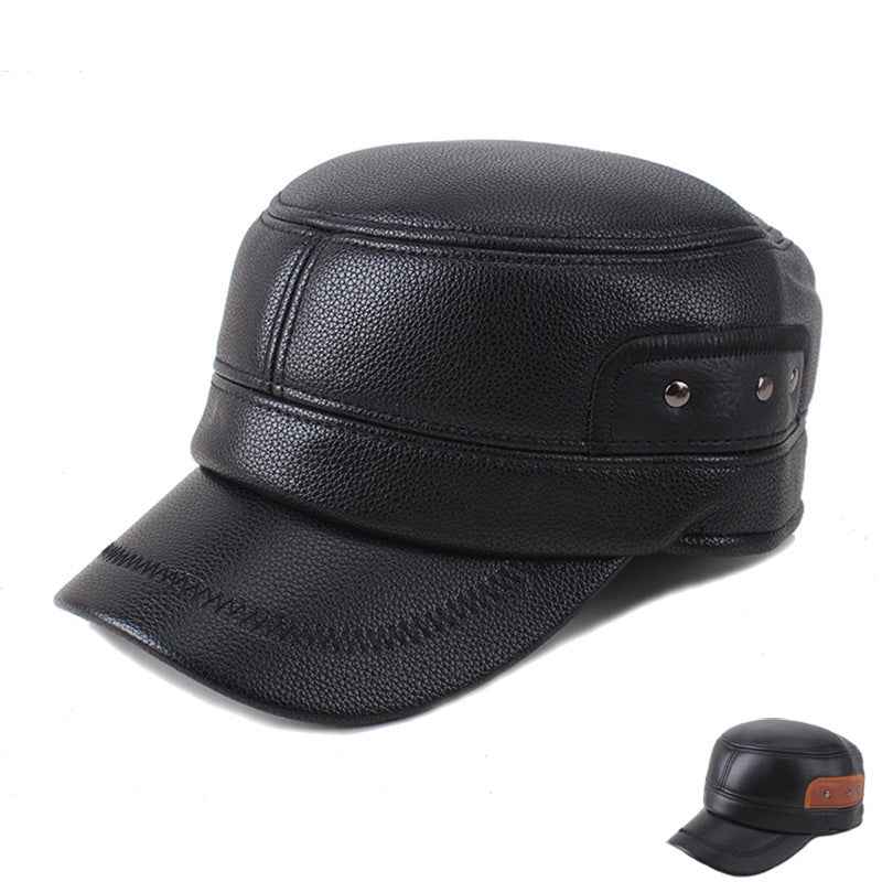 Men's Black Leather Cap with Ear Protection Winter Warm