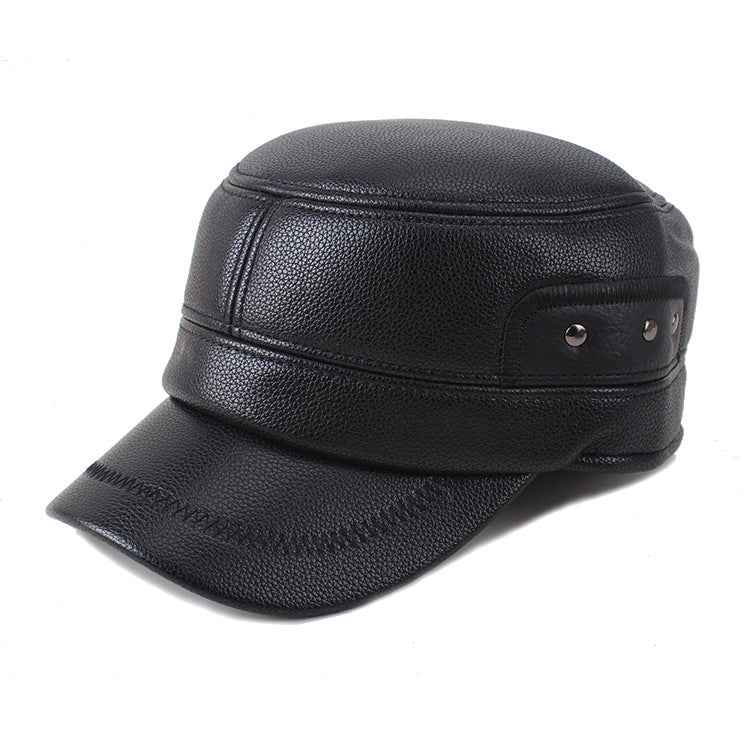 Men's Black Leather Cap with Ear Protection Winter Warm